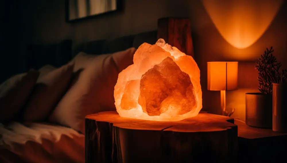 Himalayan pink salt lamp glowing